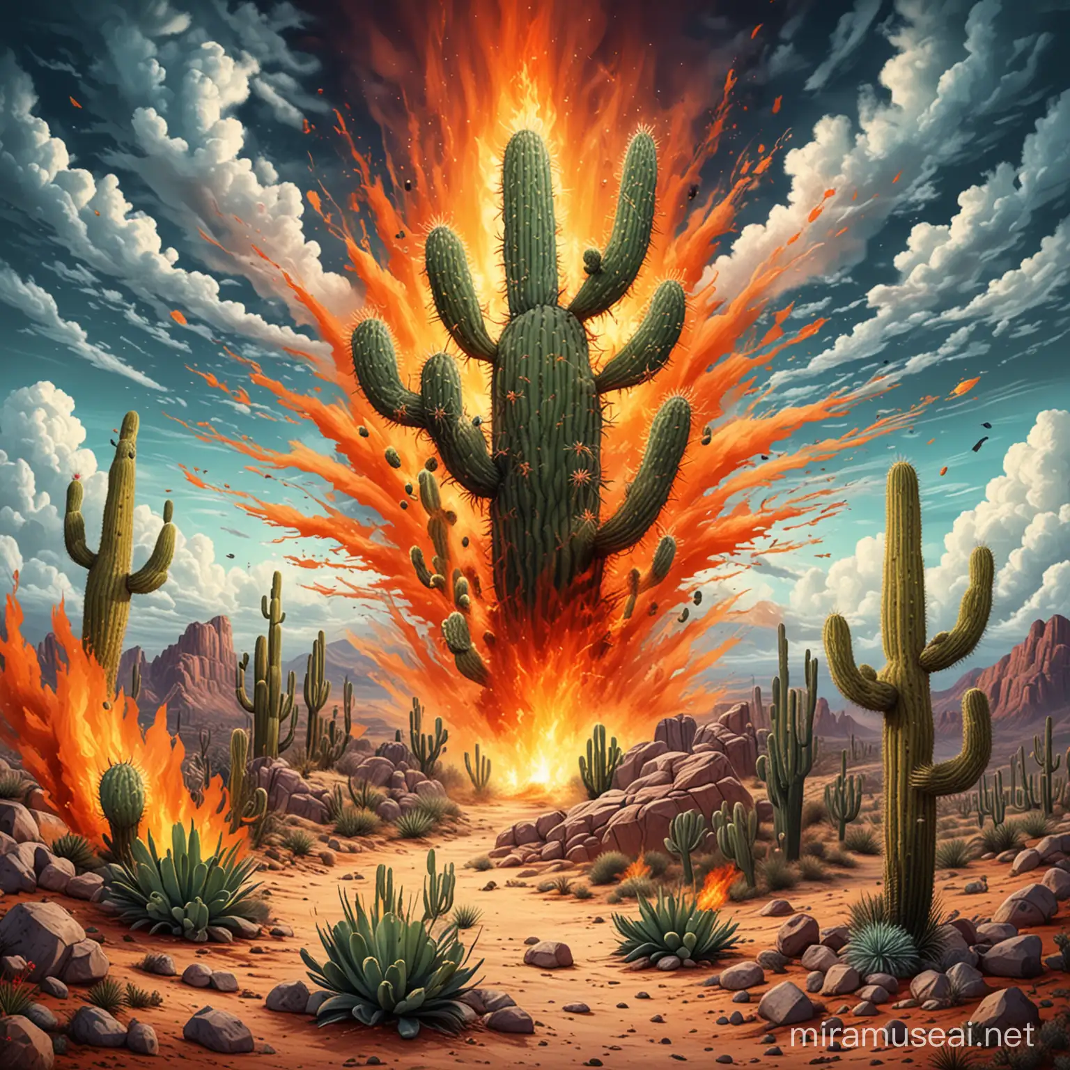 illusion background with funky clouds and funny distorted cacti and fire and blast-around make illustration 
