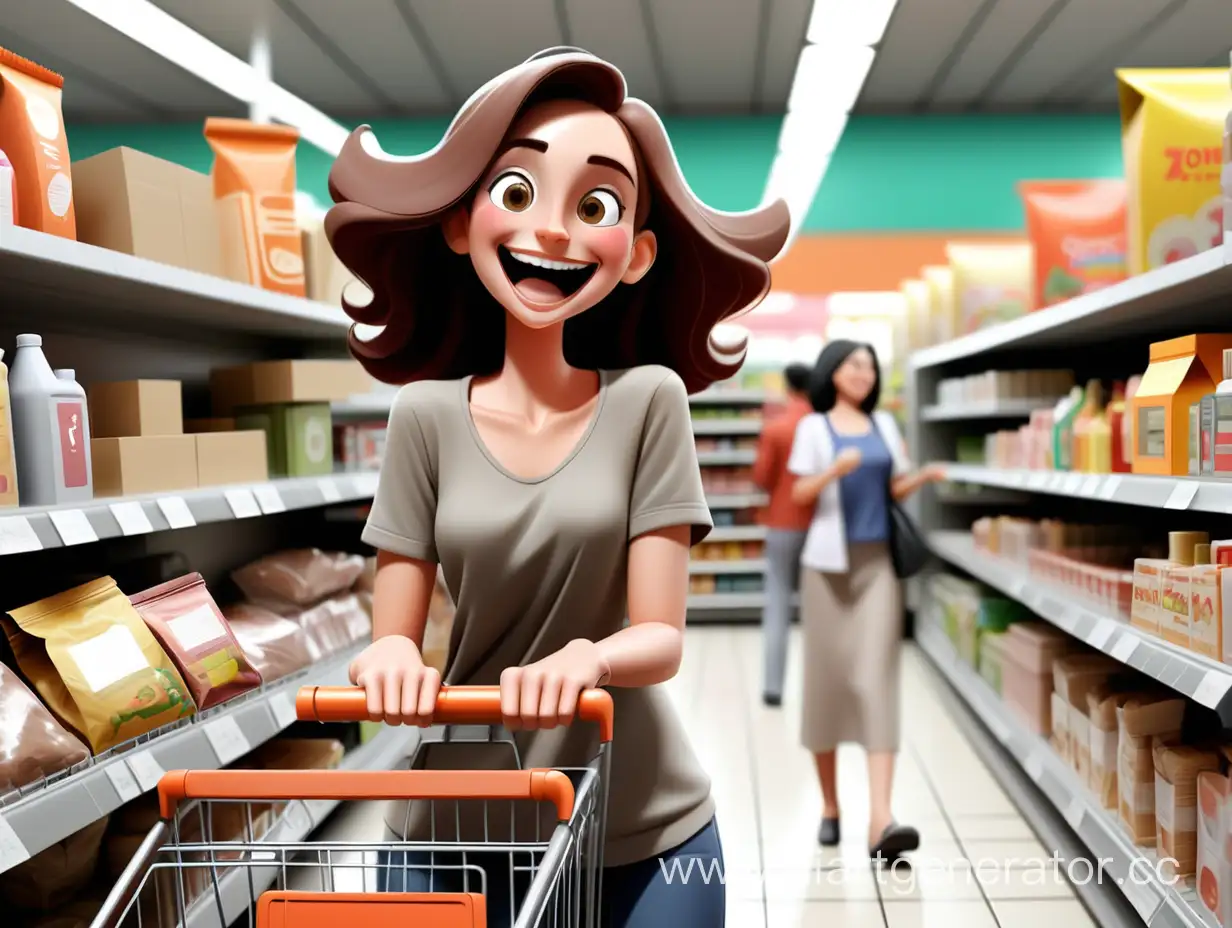 a woman who is buying new products and happy in Super Market where is crowded.