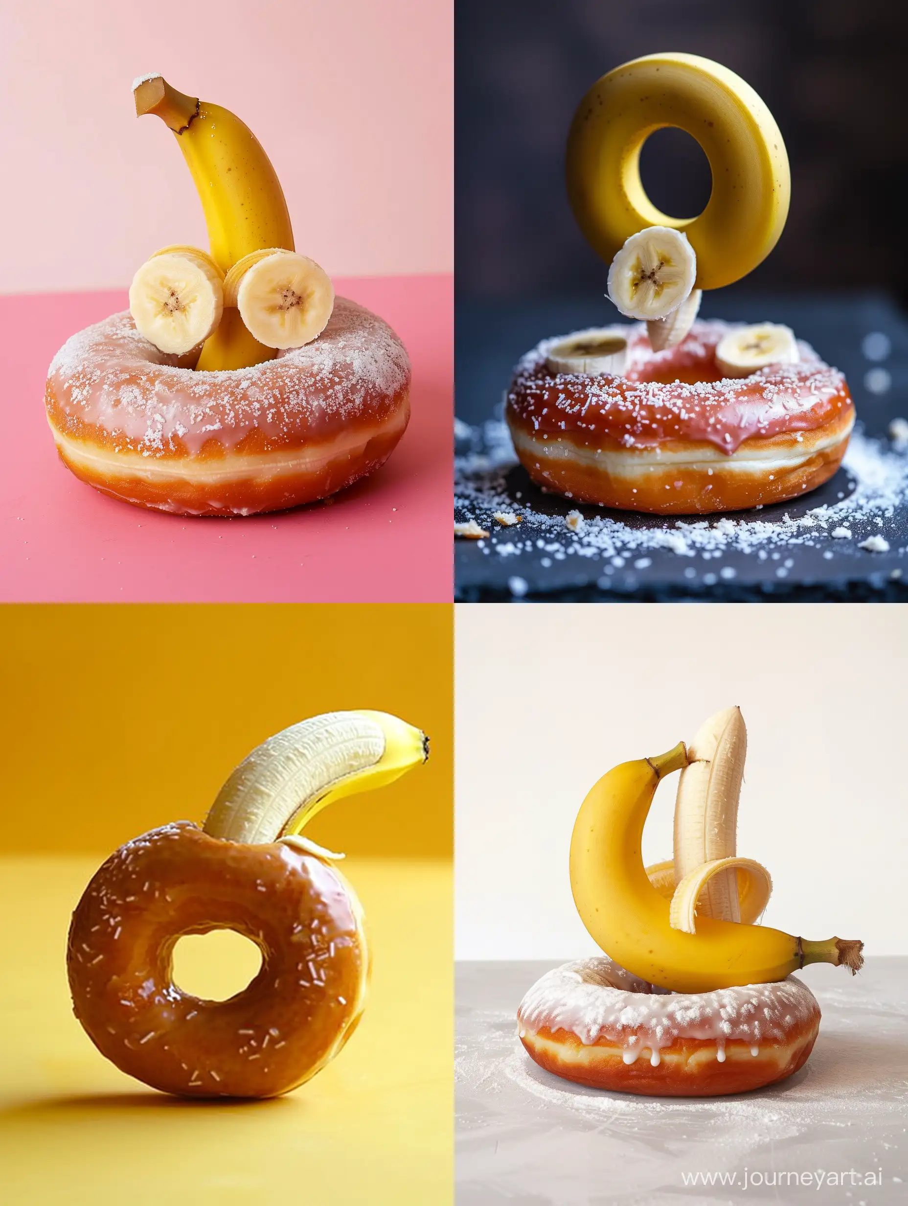 banana piercing through the center of a donut