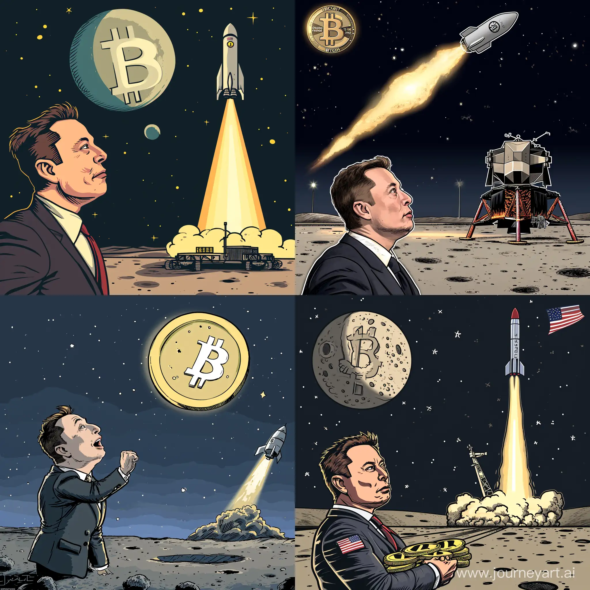 cartoon style, ilon musk launches bitcoin to the moon