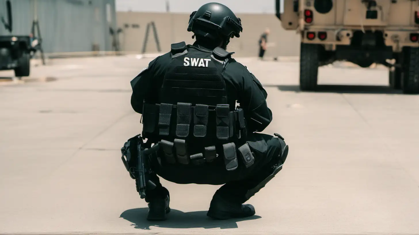 the back of a swat officer in a crouch position