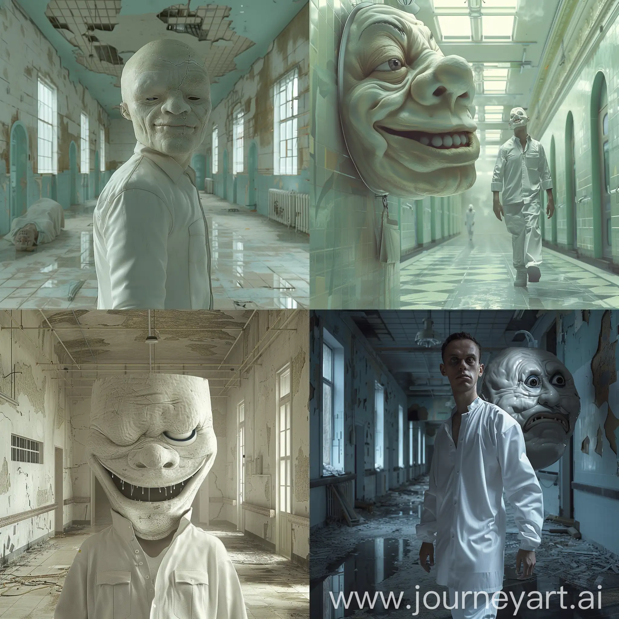 a man in white clothes instead of a Trollface face, the background of a mental hospital, super detail, hyperrealism, HDR, 8K