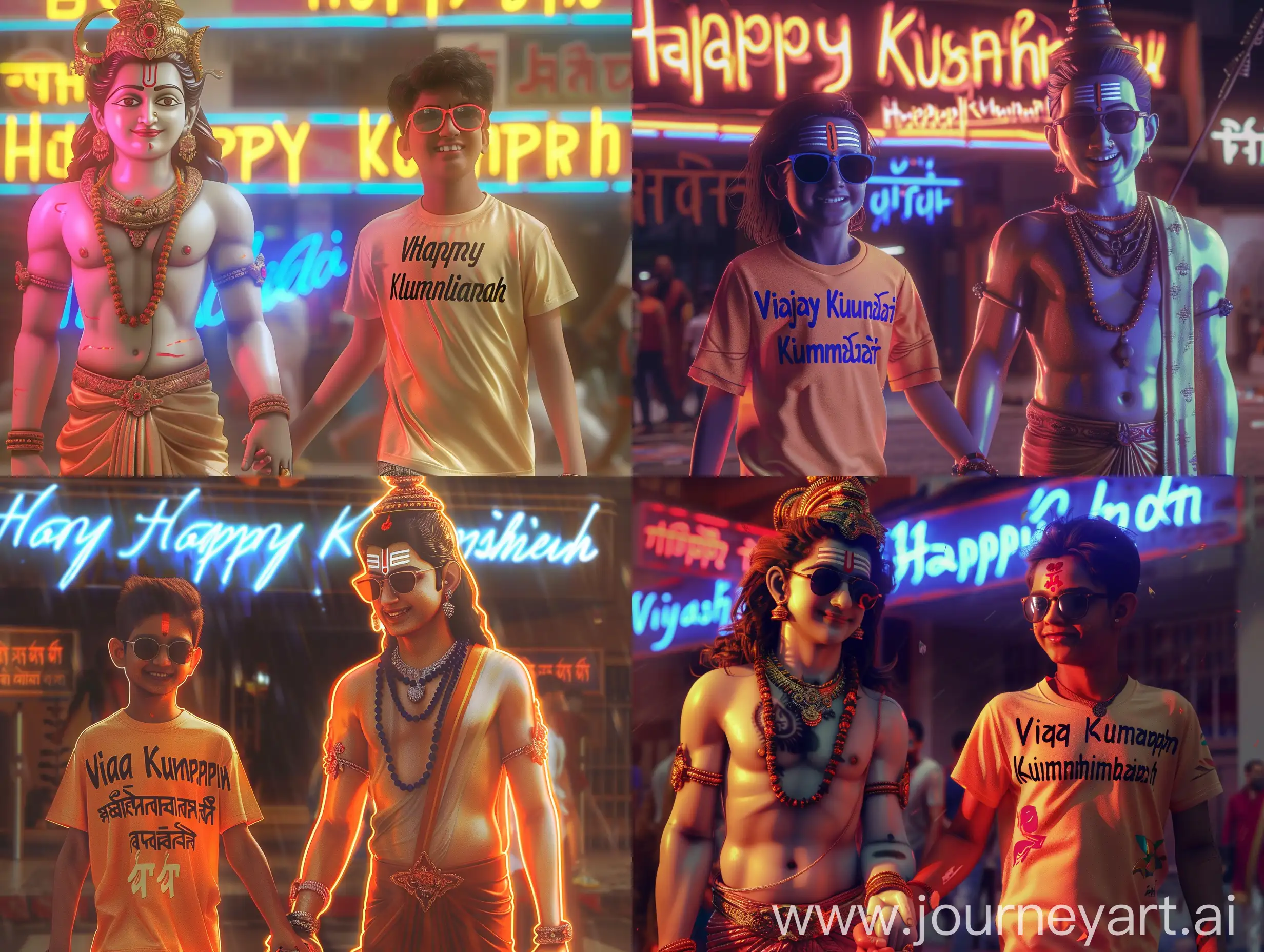 " Create an illusion the 31 year old boy closeup of lord Mahadev holding hand walking with a 31 year old boy sunglasses wearing a saffron tshirt written name " Vijay Kumawat " Big and capital font. both smiling. Background neon labels proudly display the caption " Happy Mahashivratri " , soft light reflection