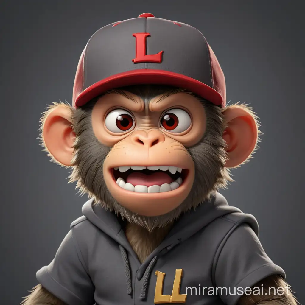 Playful Cartoon Gangster Monkey with Red Cap L in Dark Gray Setting