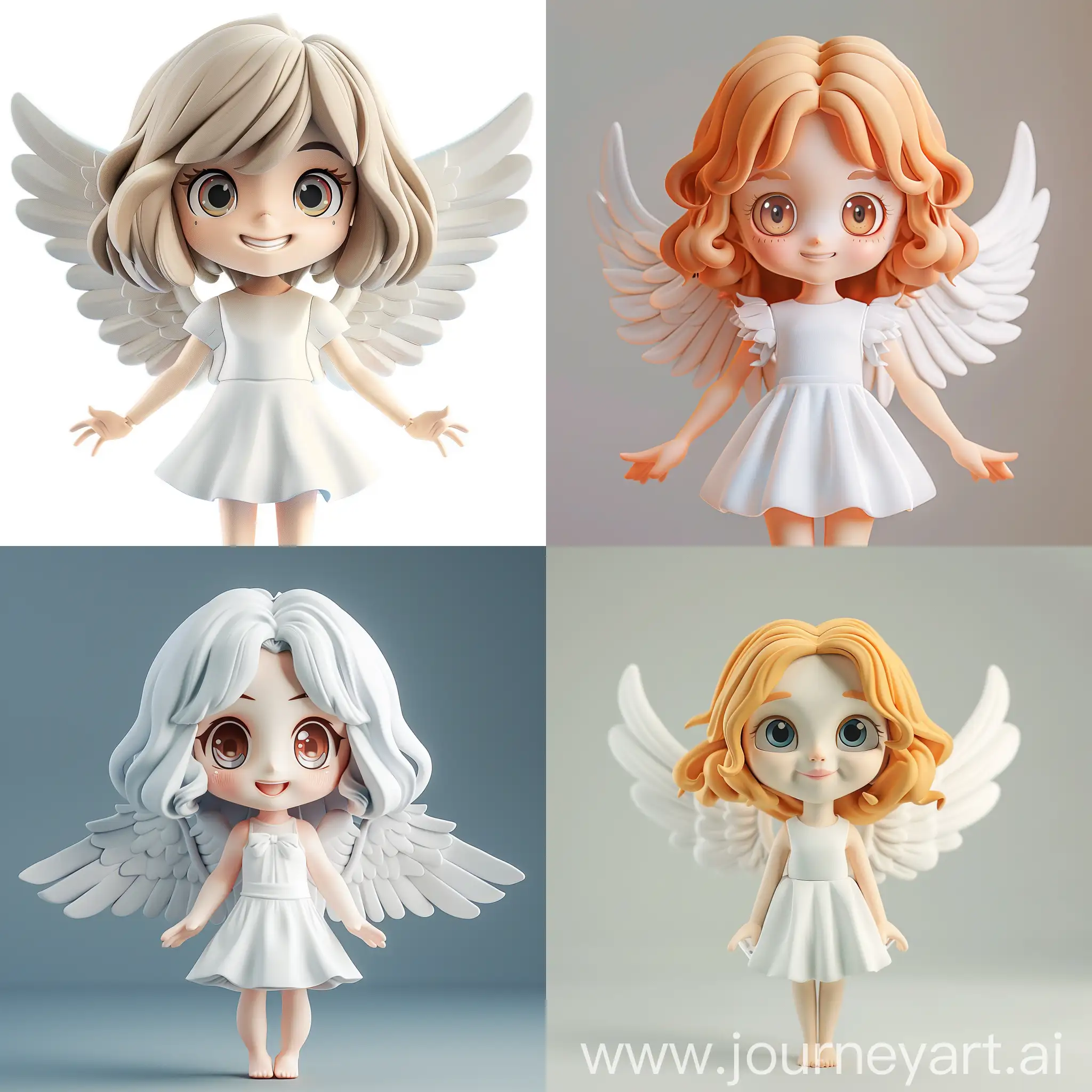 天使女孩，小白裙子，明亮有神的眼睛，微笑的表情，浅色头发，中长发，盲盒玩具，泡泡玛特风格，3D