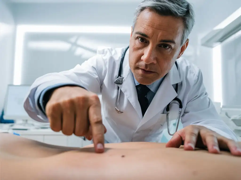 белый врач показывает на бородавку на теле пациента, крупный план без лица, светлый фон кабинет врача