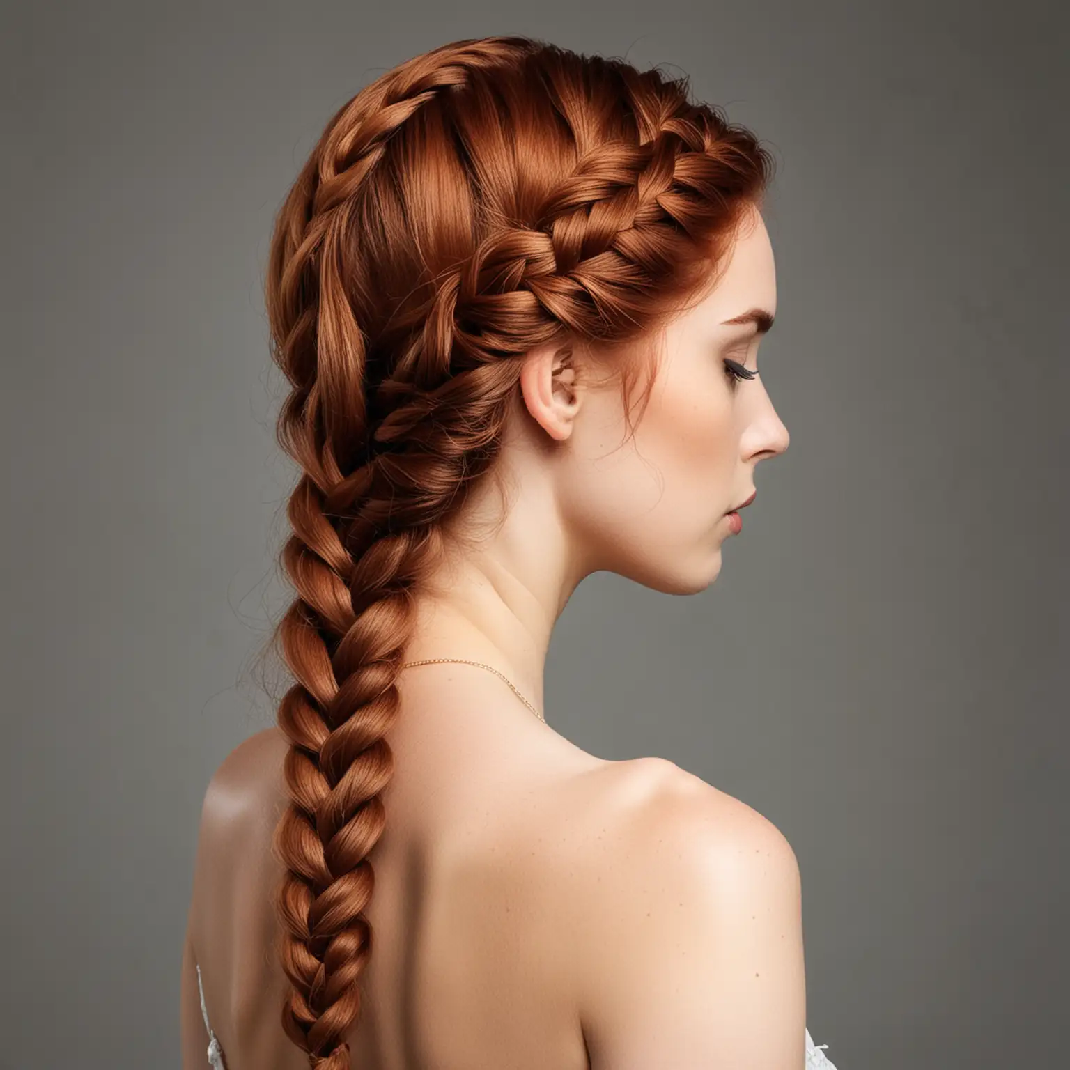**a skeletal figure with tightly braided auburn hair, tightly woven across the side of her head the braid falls into a loose cascade on the back 