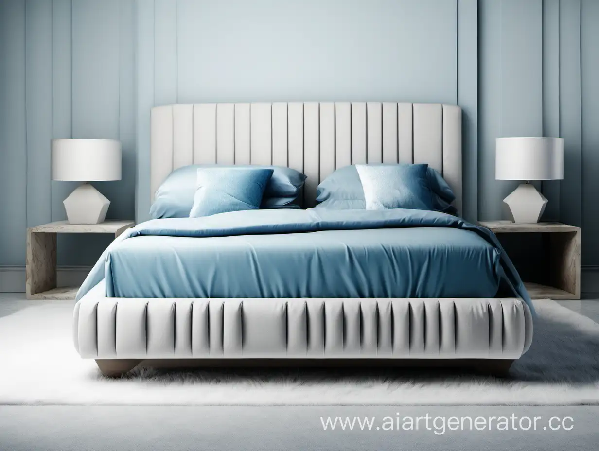 кровать с мягкой спинкой с голубыми подушками  на белом фоне