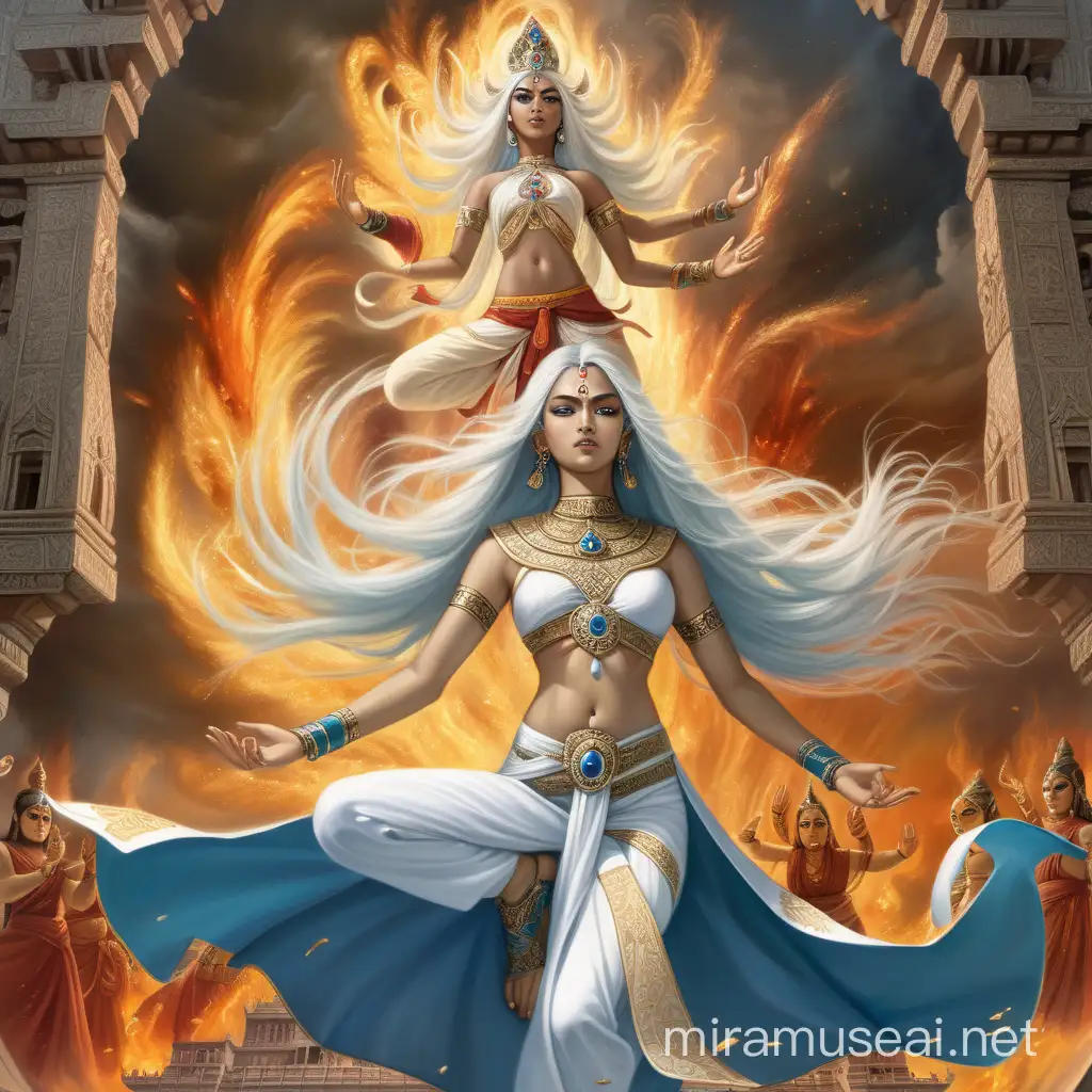 Powerful Hindu Empress Goddess Kayashiel in Fiery Combat Amidst Demonic Goddesses and Gloomy Palace