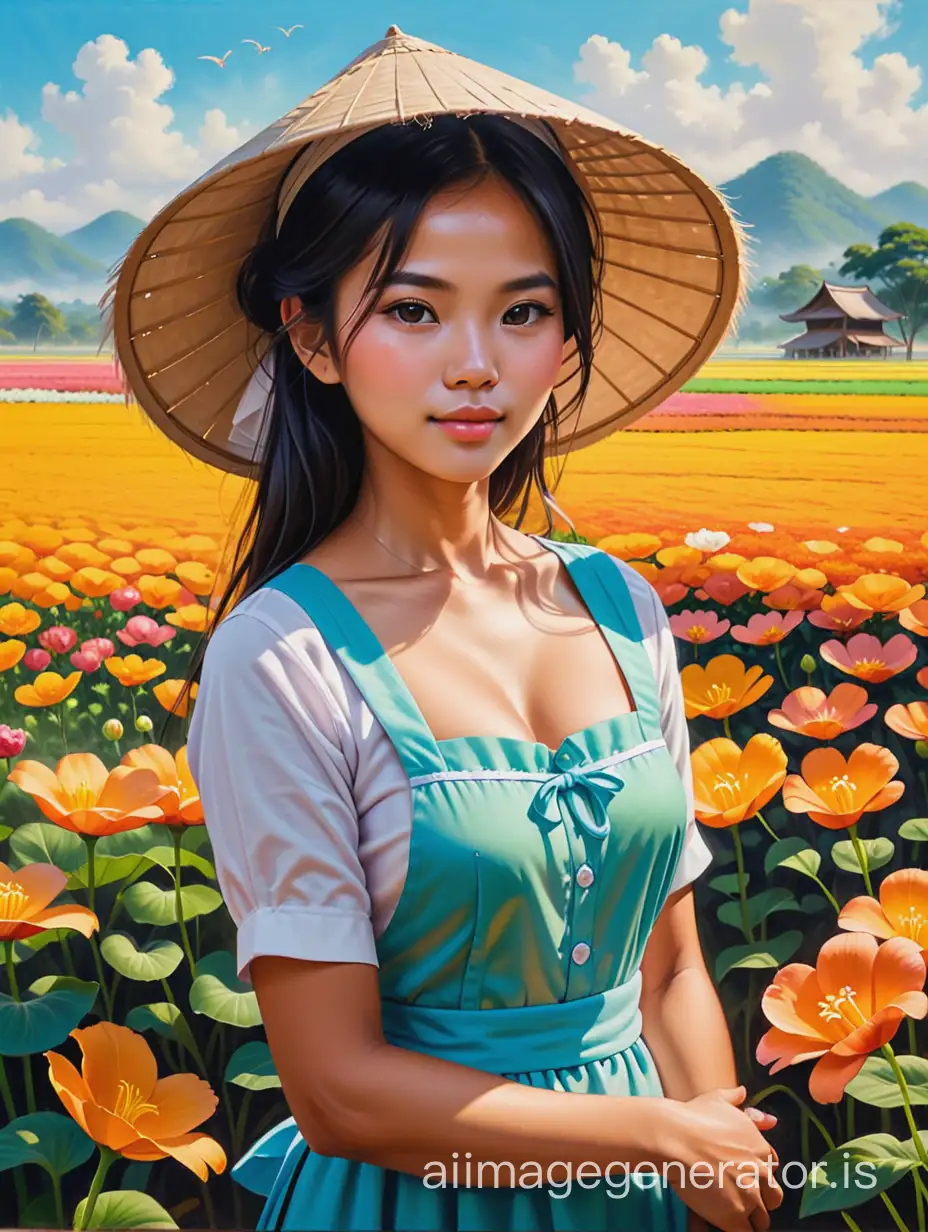 Oil painting of a beautiful tanned Vietnamese maid posing in a Field of flowers