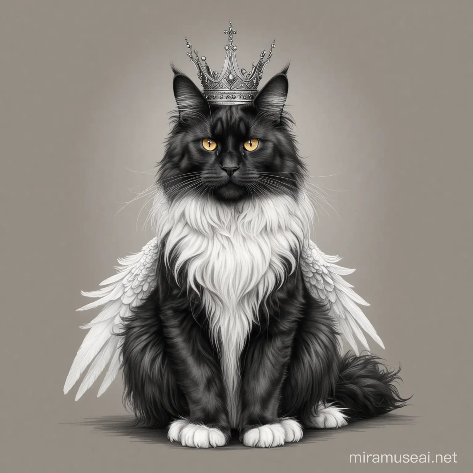 The Maine Coon cat breed is sitting , black color, white  wings on the back, with crown on his head, pencil drawing