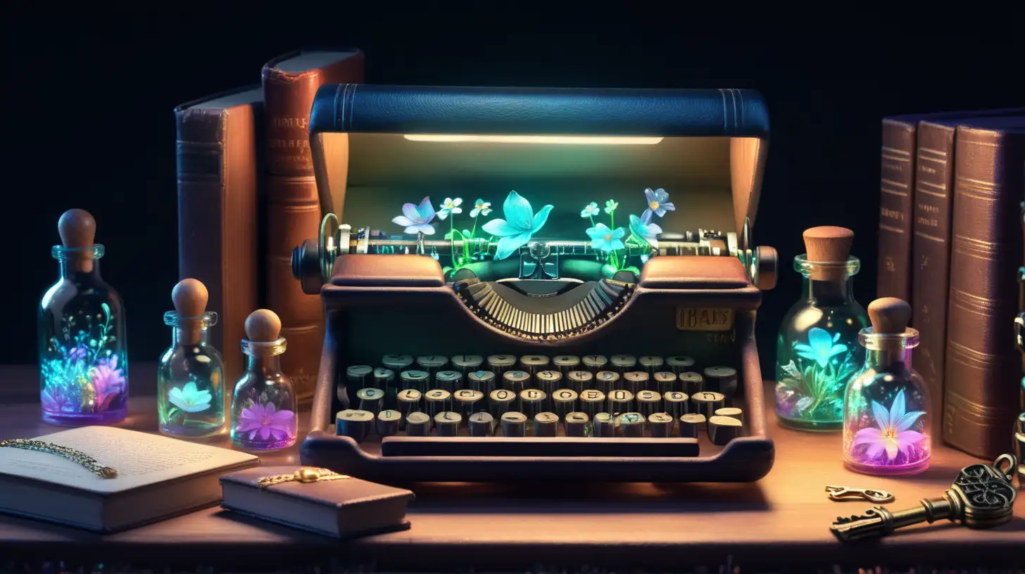 a box of glowing keys, fairytale, magical, library and glowing potions and inside the bottle are iridescent flowers, 8K. Typewriter