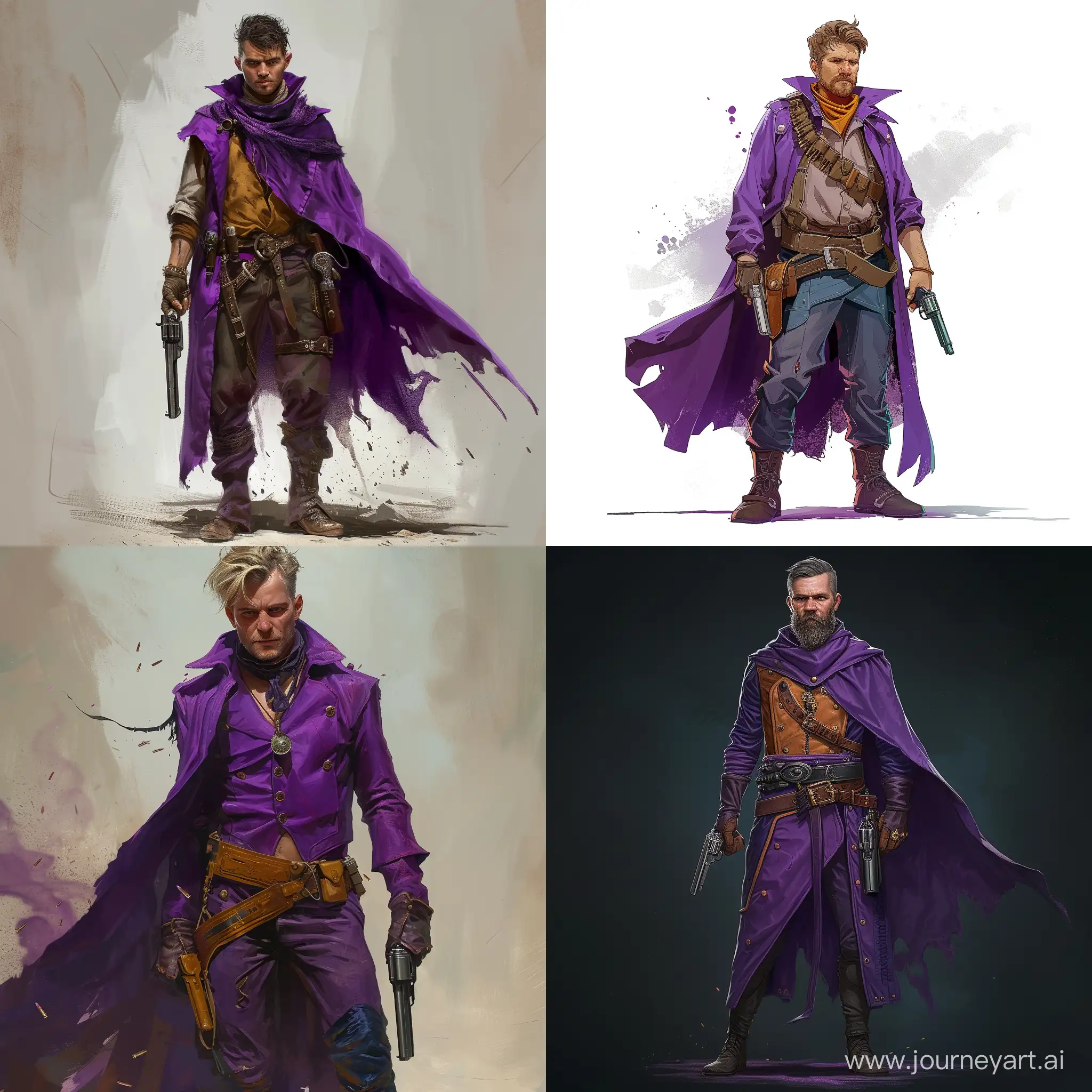 Middle age young looking mage without beard, purple clothes, one pistol on hip, necromancy
