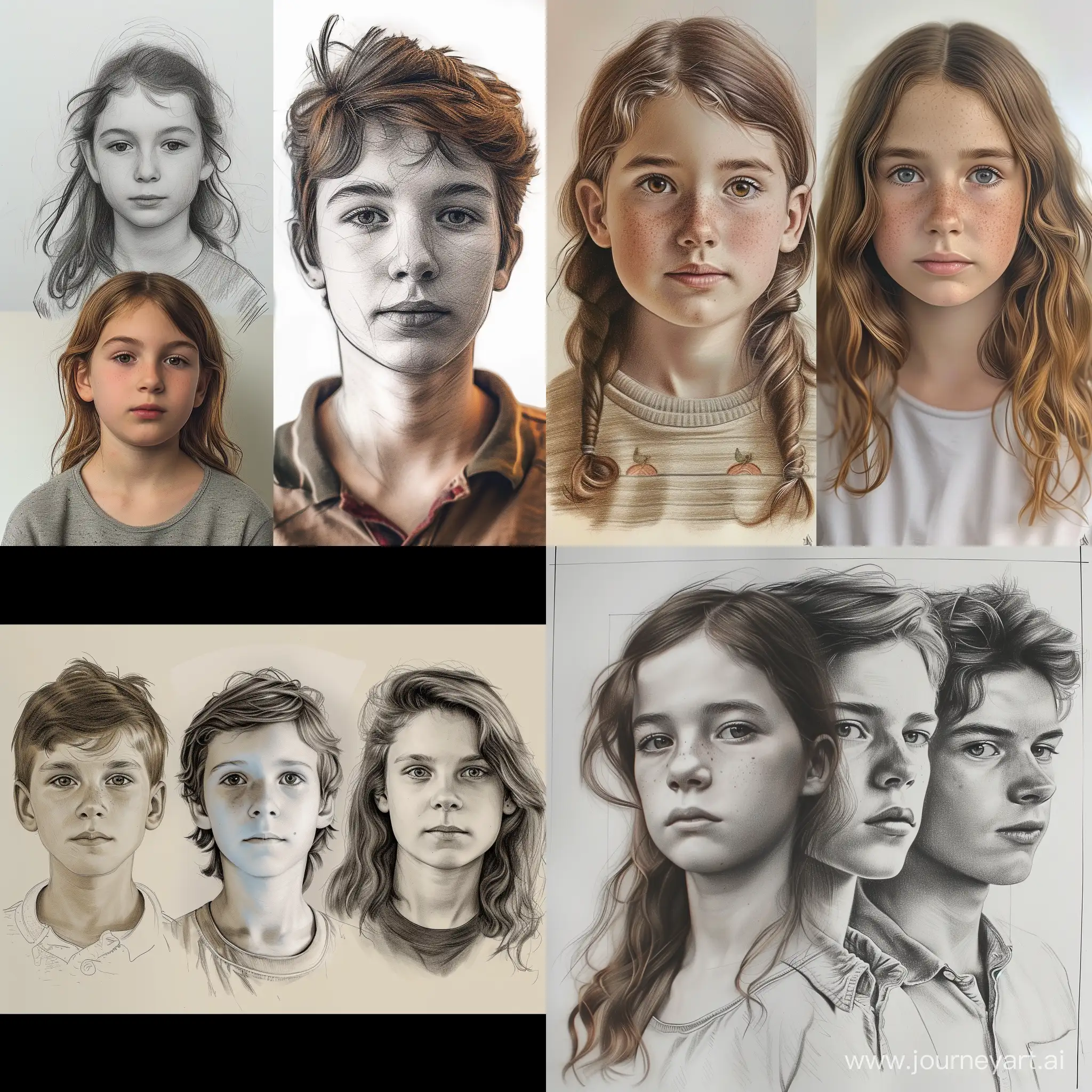Draw a photo realistic image of an individual as a child, teenager and adult