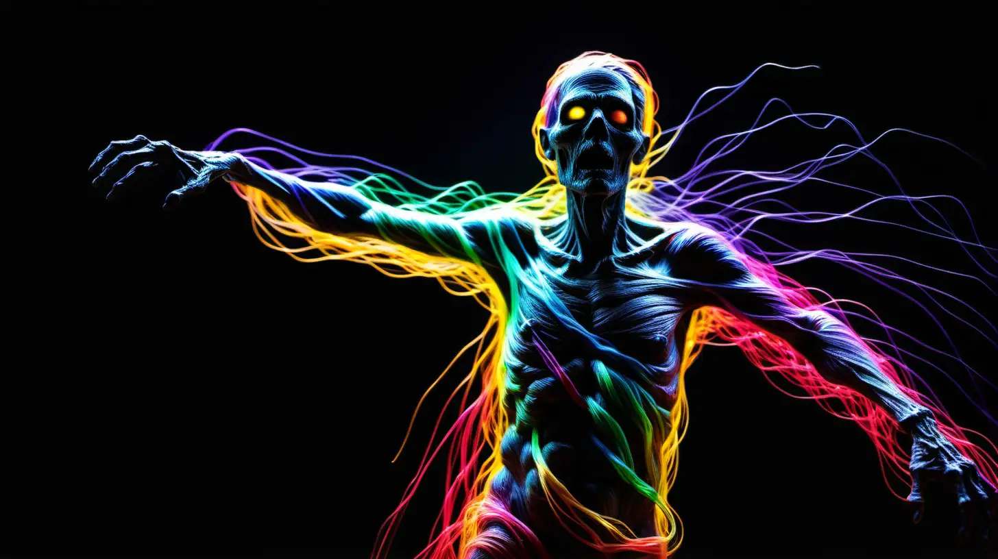 create a zombie silhouette in motion in rainbow colors of light fibers, fiber optic light painting, long exposure, black background