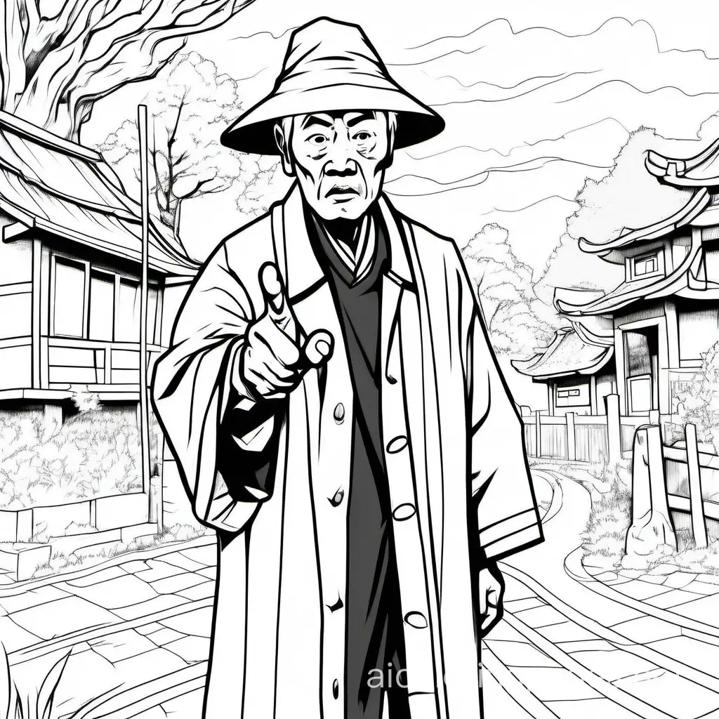 mysterious, upset, old Asian man in a raincoat and wide-brimmed hat pointing a finger at viewer in warning, Coloring Page, black and white, line art, white background, Simplicity, Ample White Space. The background of the coloring page is plain white to make it easy for young children to color within the lines. The outlines of all the subjects are easy to distinguish, making it simple for kids to color without too much difficulty