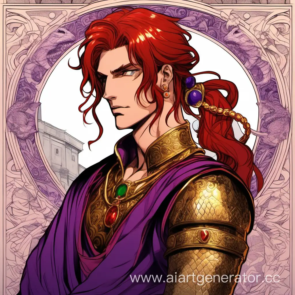 Handsome-Roman-Emperor-with-Scarlet-Hair-and-Emerald-Snake-Eyes-in-Intimate-Red-Tunic-Portrait