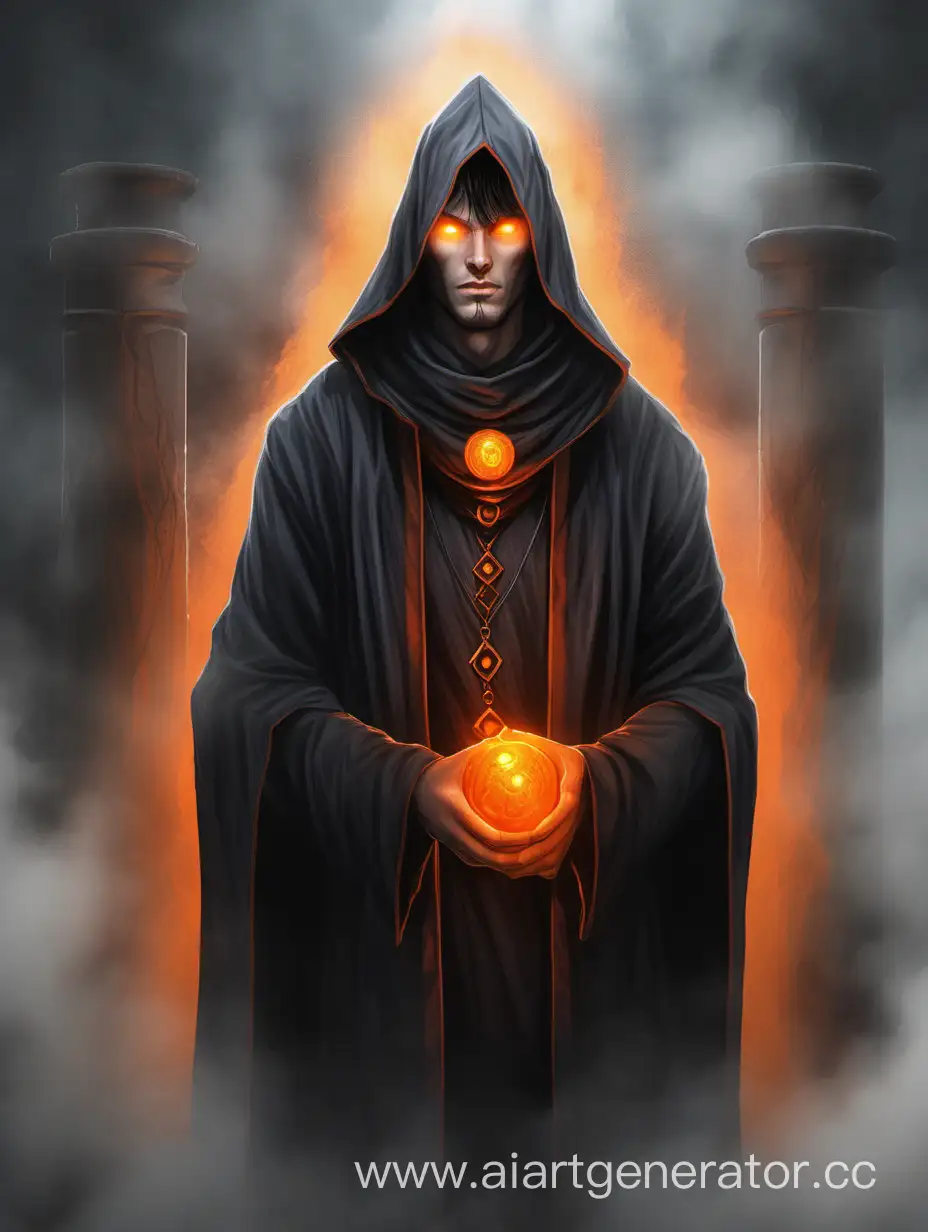 Молодой мужчина тёмный маг в тёмно-сером балахоне со ярко светящимися оранжевыми глазами без зрачков. Портрет в тумане. Красивый рисунок. baldur's gate 2
