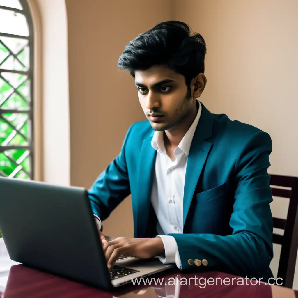 25 летний мужчина, серьезный и красиво одетый и богатый житель индии программирует на ноутбуке сидя за столом 
