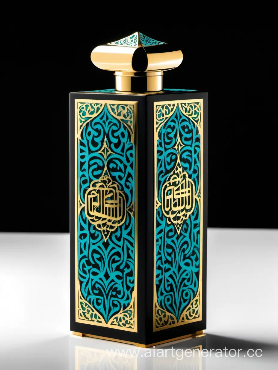 Dark dark matt black and gold Turquoise  luxury perfume rectangle vertical box 75% lines with arabesque pattern Arabic Calligraphy on white background