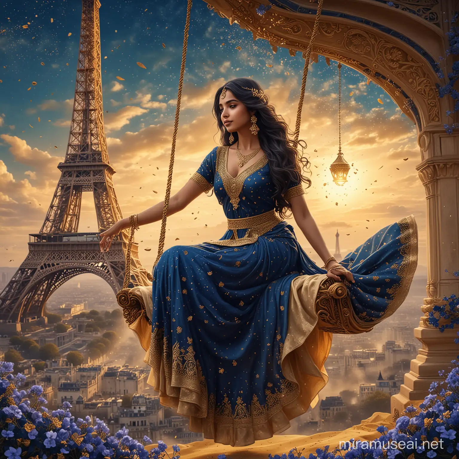 An indian princess, holding a  majestic fan, sitting on a golden swing, surrounded by small dark blue flowers and golden dust. Golden ground. Long wavy black hair. Elegant long beige and dark blue dress, haute couture, sari dress. Background tower effel. Background golden dust, nebula sky with golden light. 8k, fantasy, illustration, digital art, illustration art, fantasy art, fantasy style