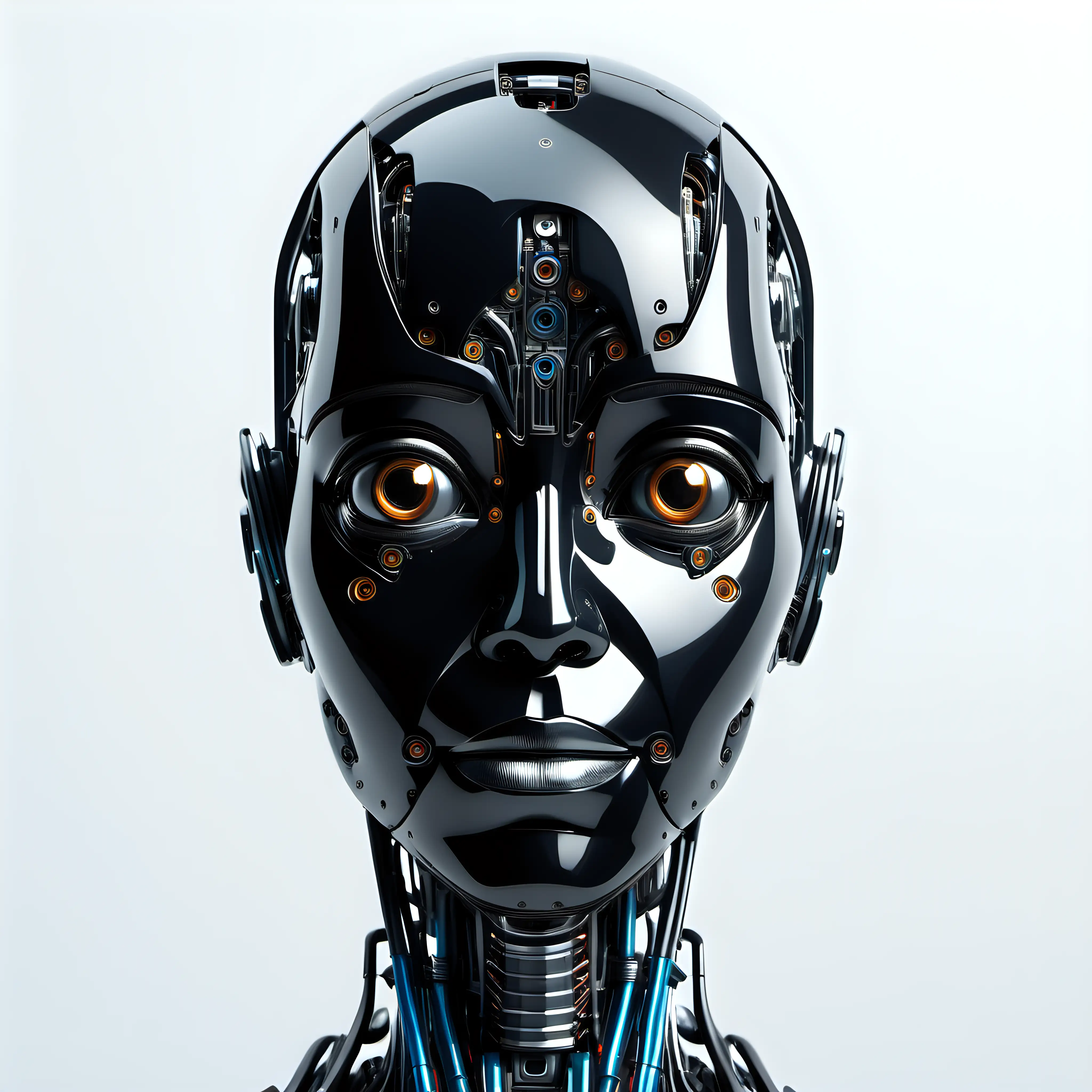 the head of a black robot that looks like a human being, white background