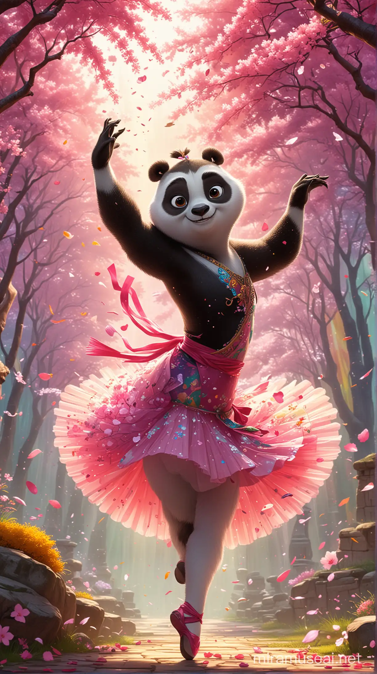 Kung fu panda bailarina,dibujo animado,cartoon,colores vivos,arcoiris,fondo flores de cerezo