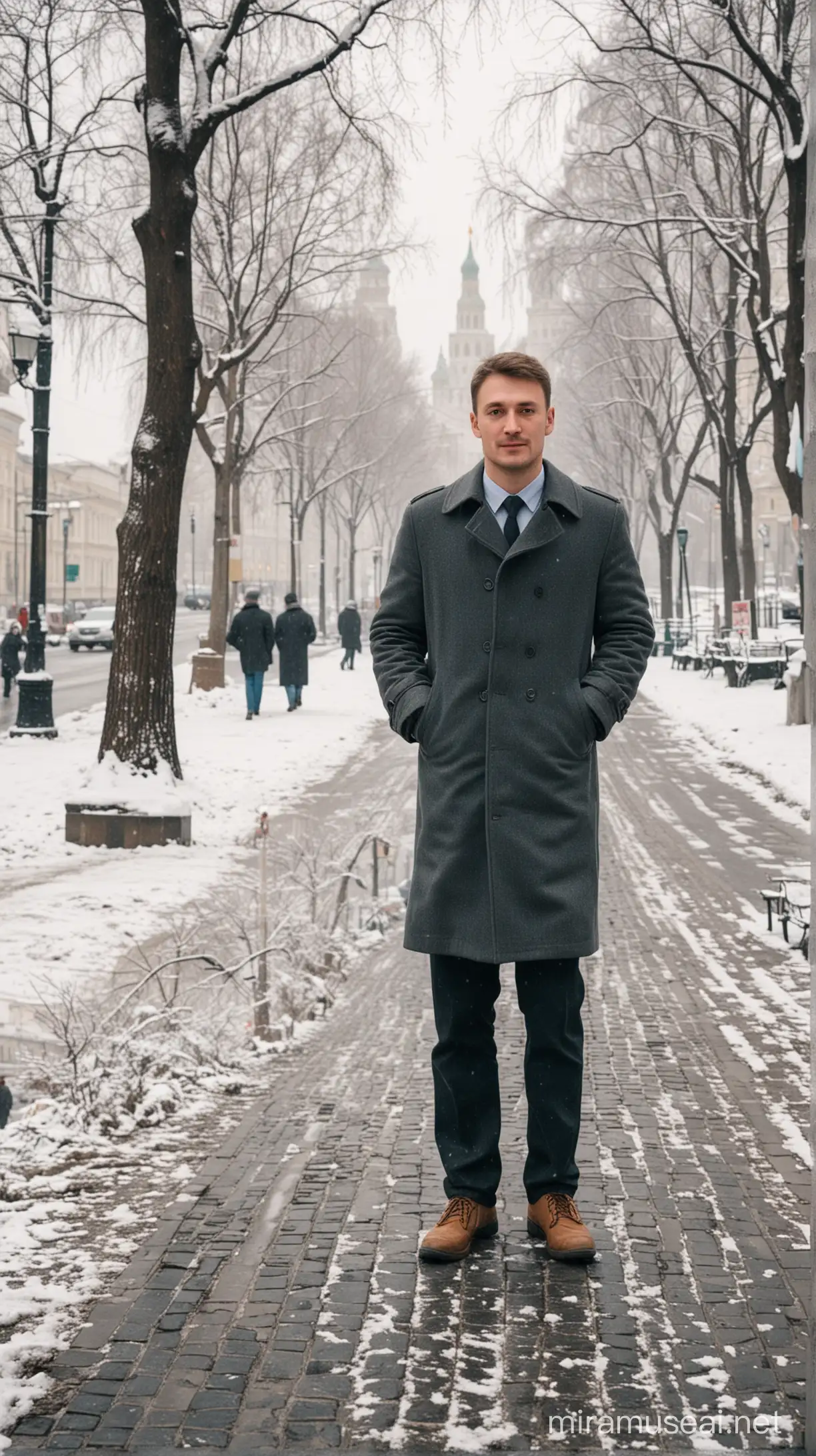 Young Man Walking in Snowy Moscow Street with Kremlin View