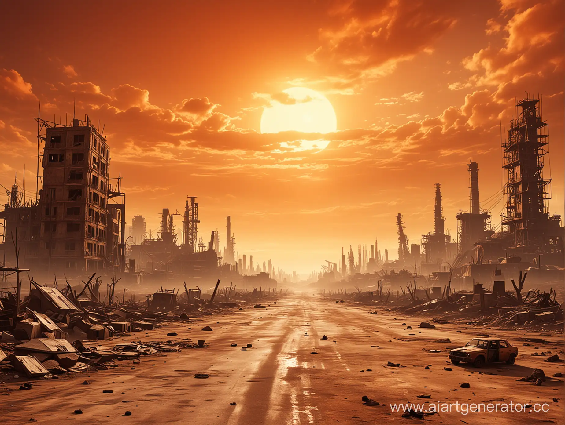 Post-Apocalyptic-World-with-Orange-Sky-Dystopian-Landscape-Art