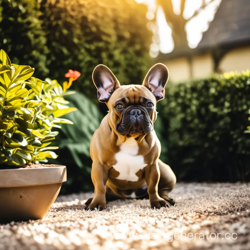 Brown frensh bulldog sitting in te garden in the sun