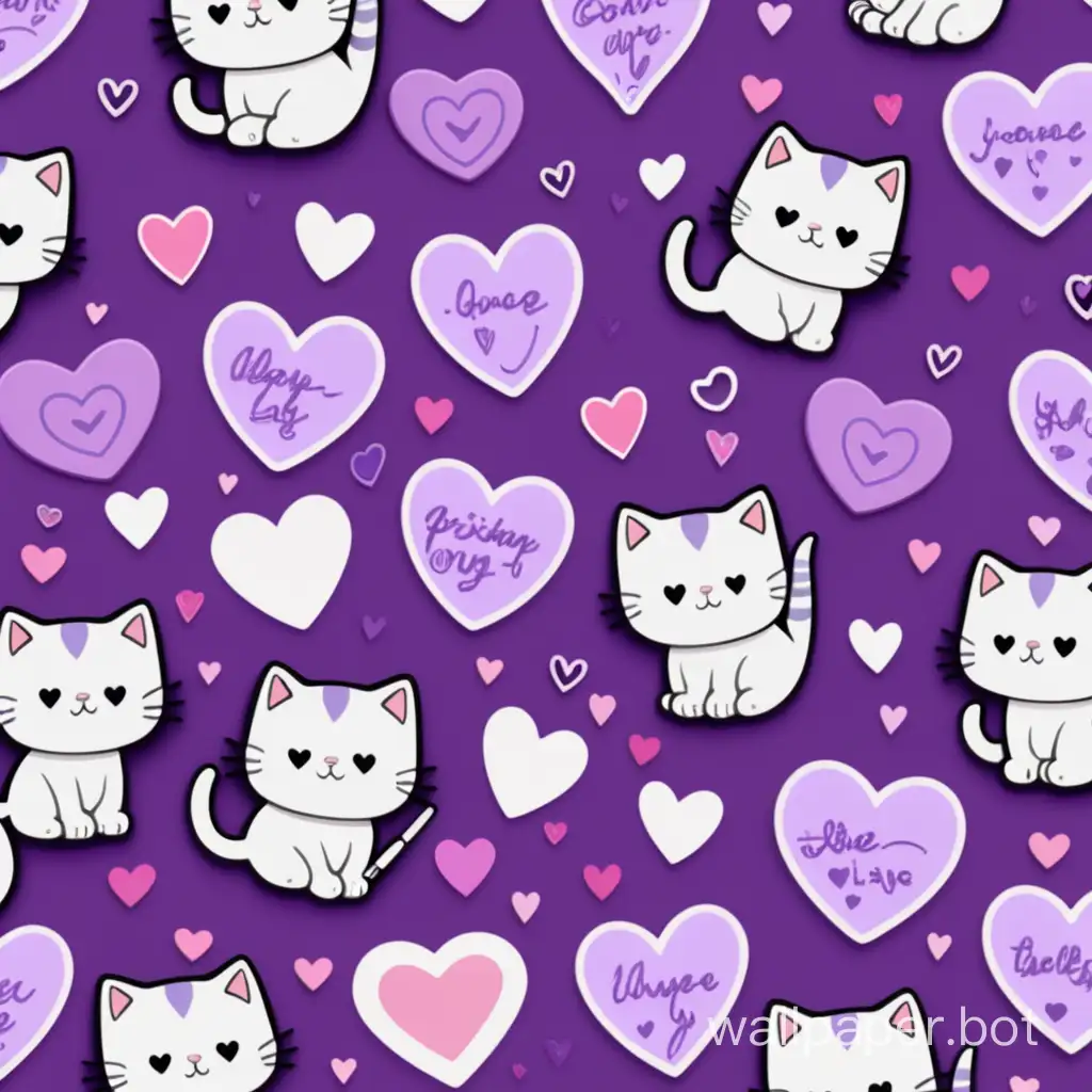 Wallpaper for phone with stickers of kittens, hearts, love messages, and pens. Purple wallpaper.
