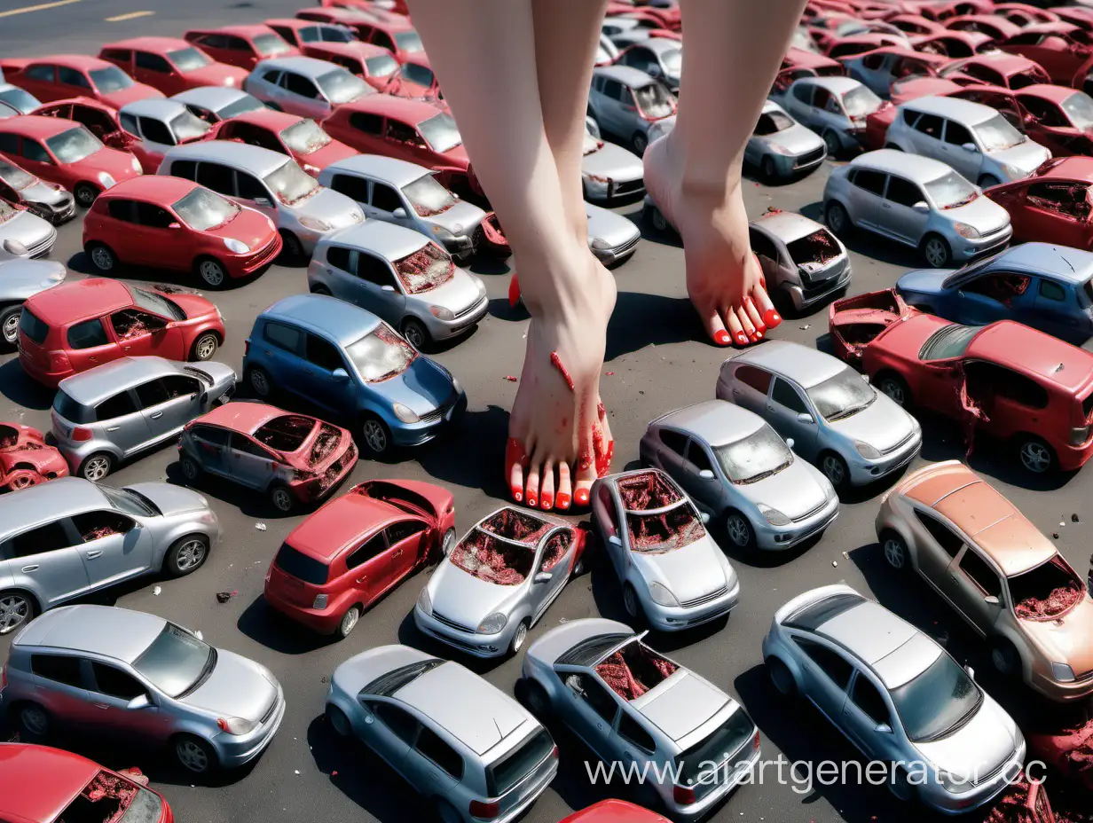 ultra realistic photo of a busy parking lot, a gigantic colossal woman's feet with red nails is standing on a super tiny parking lot, a lot of extremely tiny cars are wrecked and crushed under the foot and toes, feet is staning on the cars, cars are wrecked, destroyed and stuck to the feet, cars are sticking between toes, cars are totally crushed