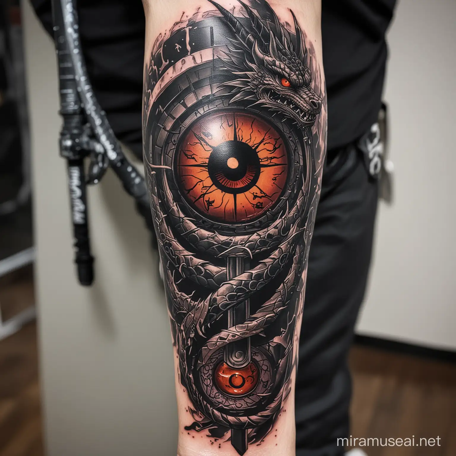 Forearm tattoo in mostly black color with dragon ball z dragon wrapped around forearm and sharingan rinnegan eyes and demon slayer sword are attached in front side