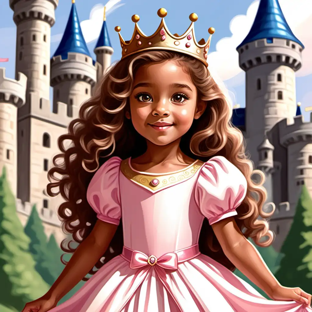 Prompt  Flat art, children's book, cute, 5 year old girl, tan skin, light hazel eyes, long tight curl brown hair, neutral expression, beautiful, pink and white dress, princess clothing with large crown, castle, charming light-hearted style