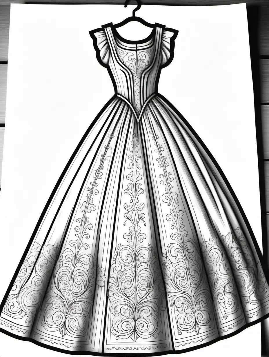 vintage 1500's gown on a hanger for coloring book, black and white, line art, thick black lines