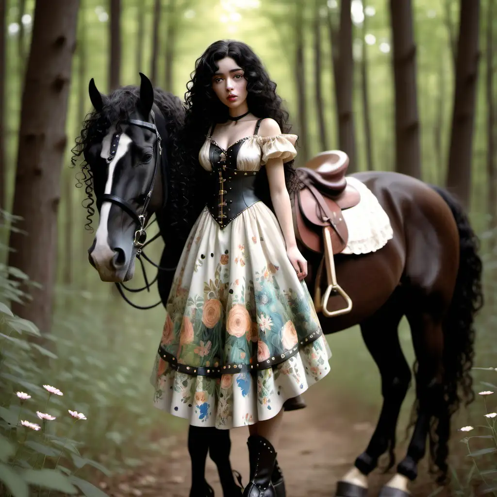 FloralDressed CurlyHaired Girl Embracing BayColored Horse in Enchanted Forest