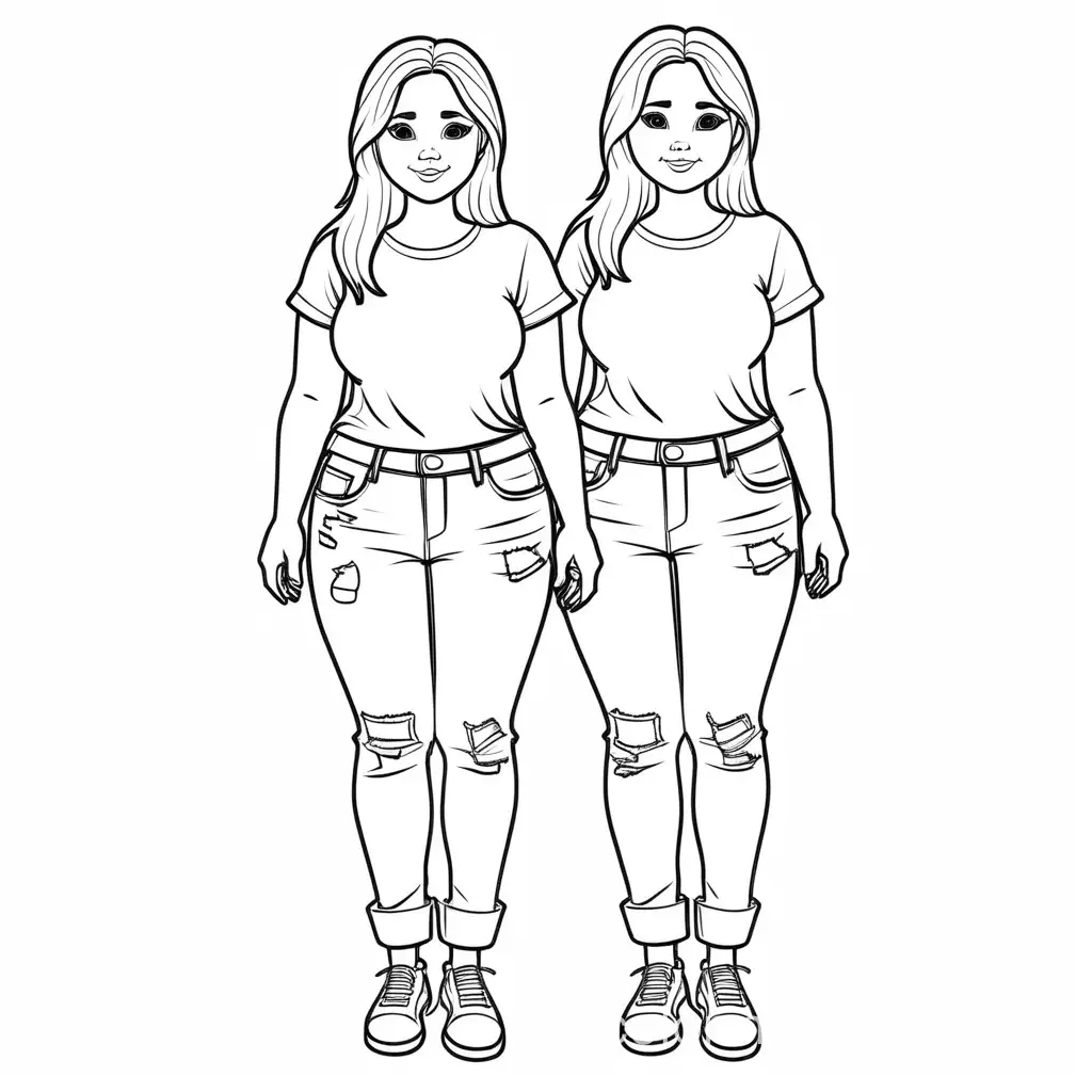 beautiful chubby woman dressed in ripped jeans and a t-shirt
, Coloring Page, black and white, line art, white background, Simplicity, Ample White Space. The background of the coloring page is plain white to make it easy for young children to color within the lines. The outlines of all the subjects are easy to distinguish, making it simple for kids to color without too much difficulty