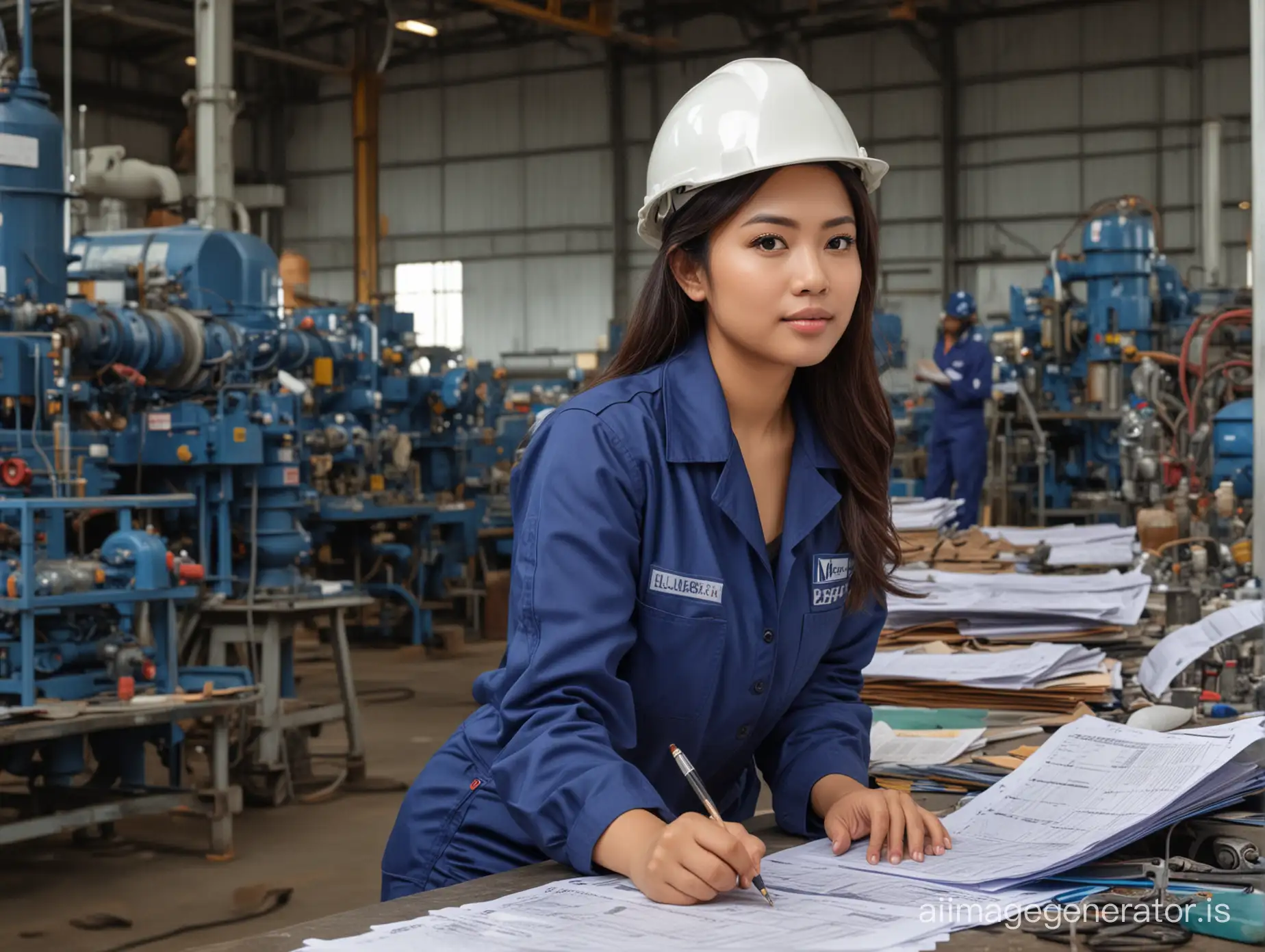Curvy with cleavage showing Indonesian Engineer women busy working at her desk wearing blue coverall With reflectors. Her table if messy with documents, her background scene is oil and gas plant.