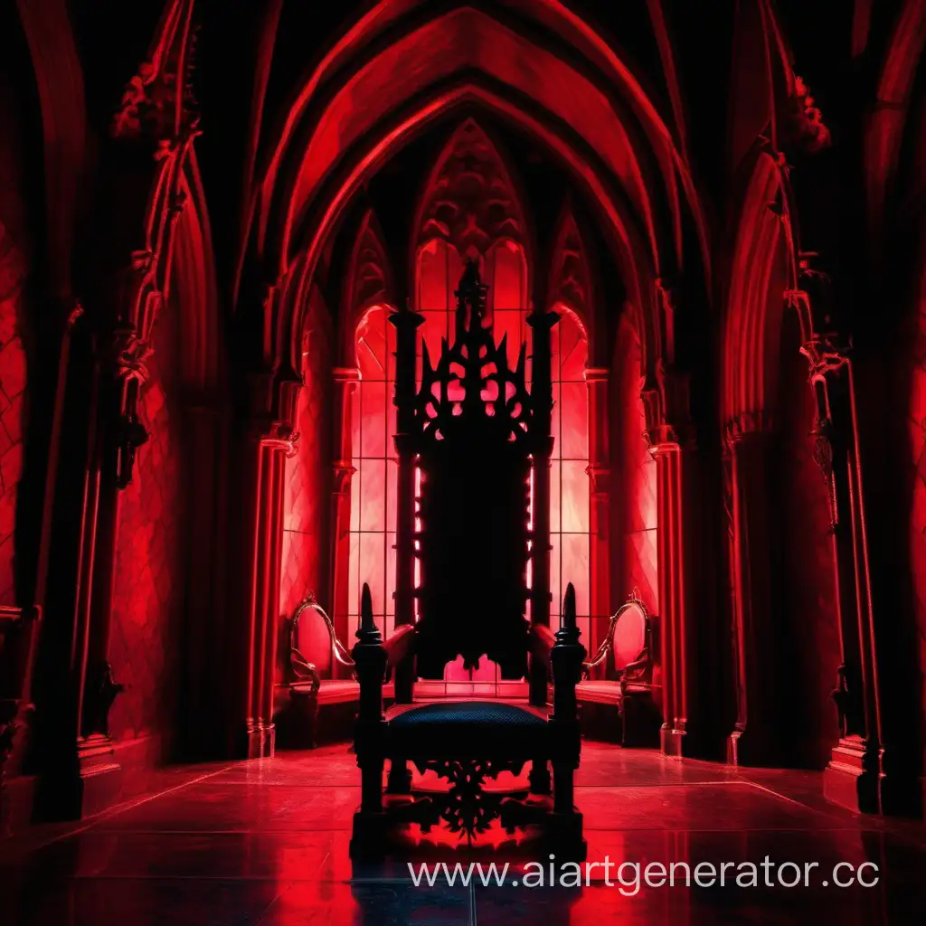 Готический трон на переднем плане в зале готического замка. Очень темно, на трон падает красный свет