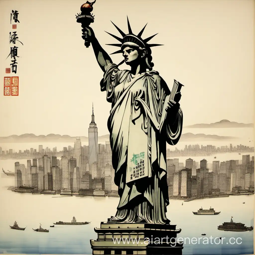 Traditional-Chinese-Brush-Painting-Statue-of-Liberty-in-Serene-Splendor