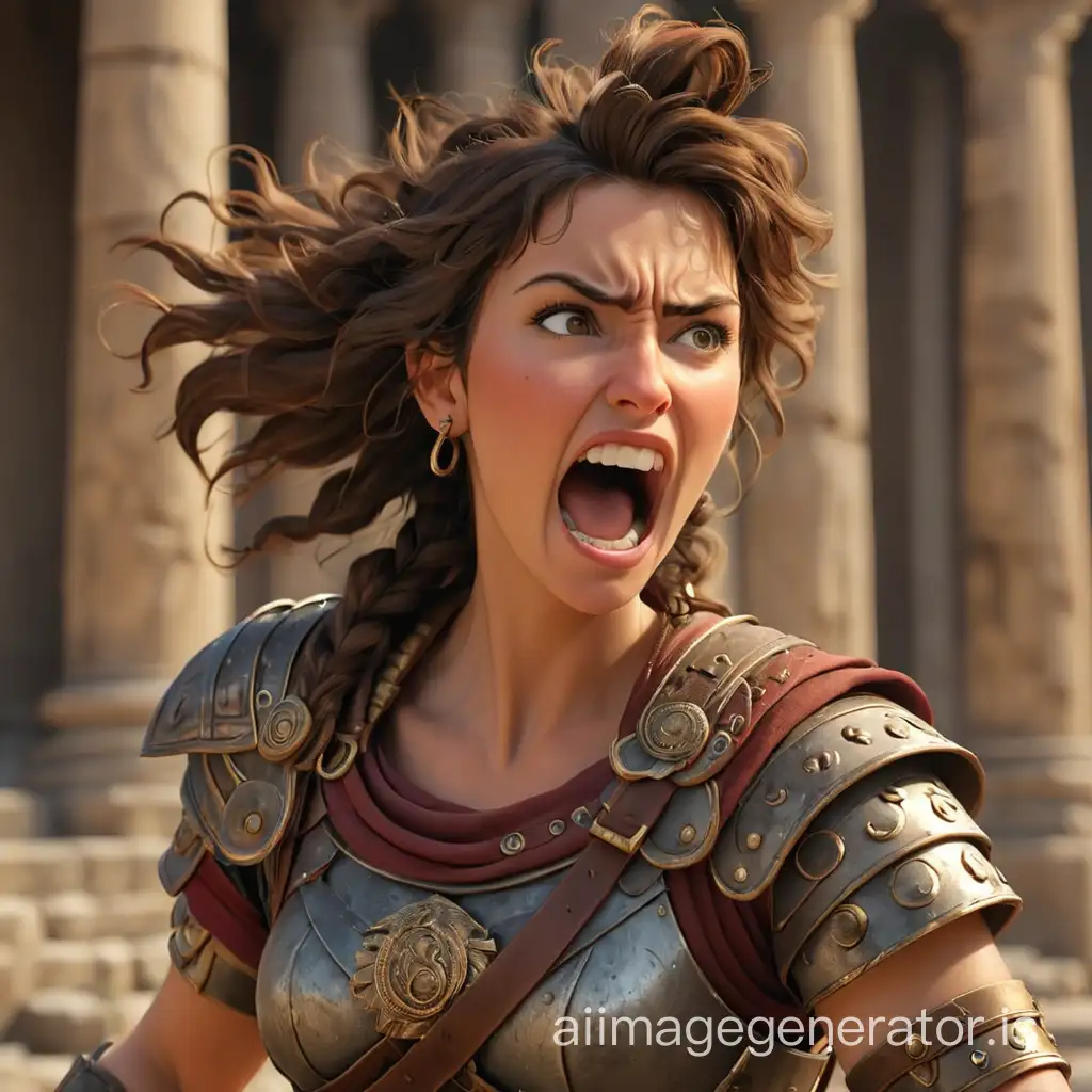 3D image of ancient roman women warrior roaring with shoulder view