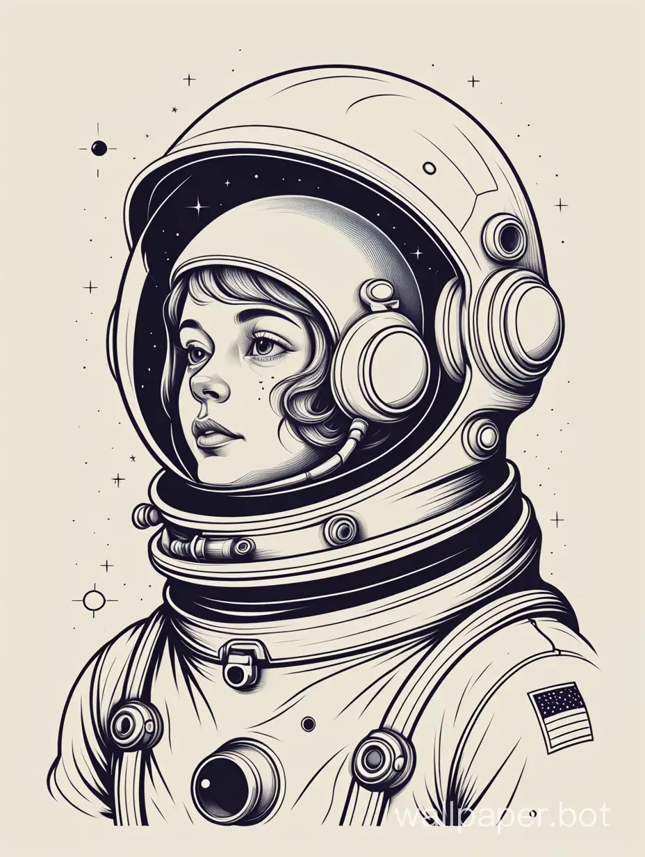 t shirt illustration, astronaut head,  lineart, vintage minimalist style, monochromatic