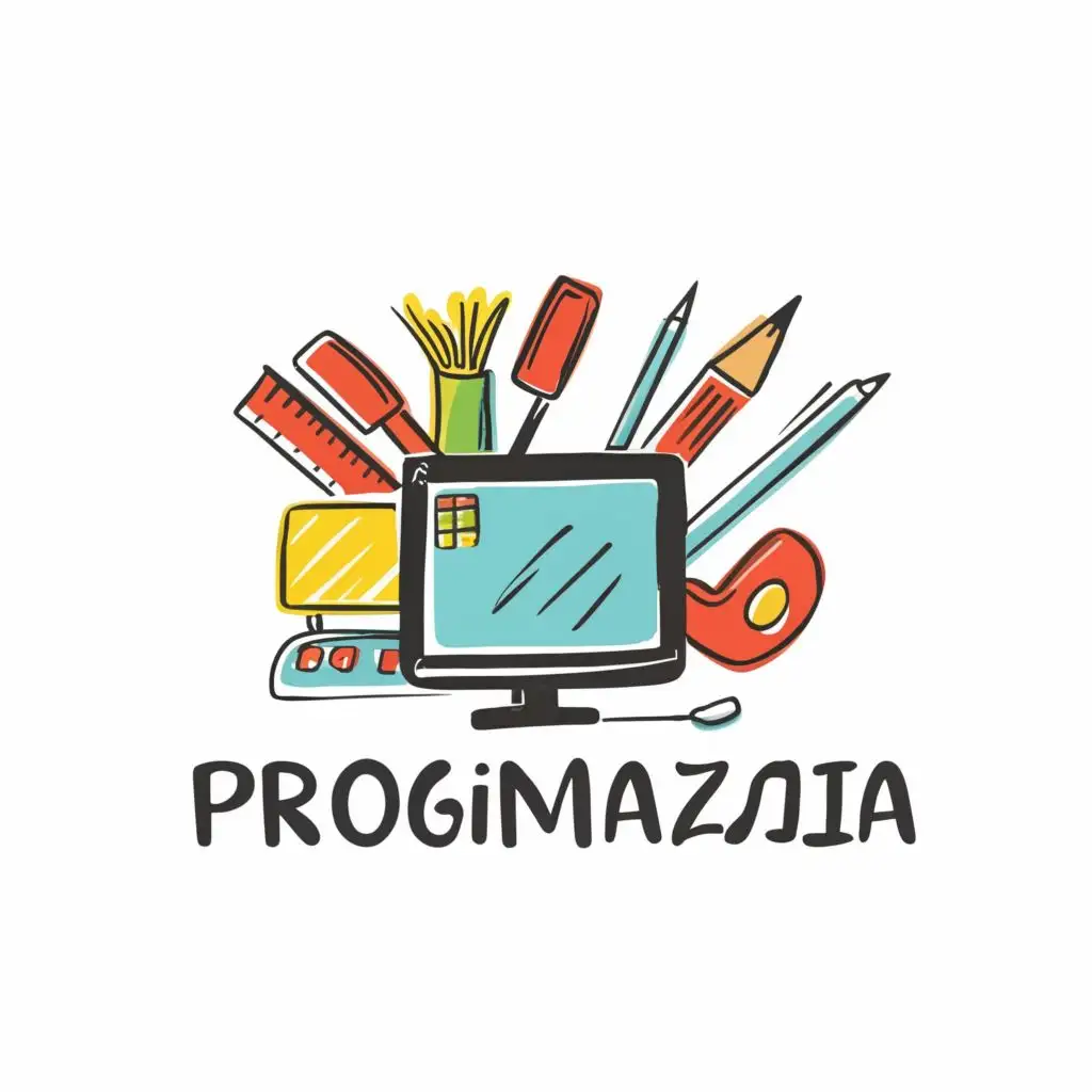 logo, computer mouse pencil brush eraser colors children school, with the text "Progimnazija", typography, be used in Technology industry