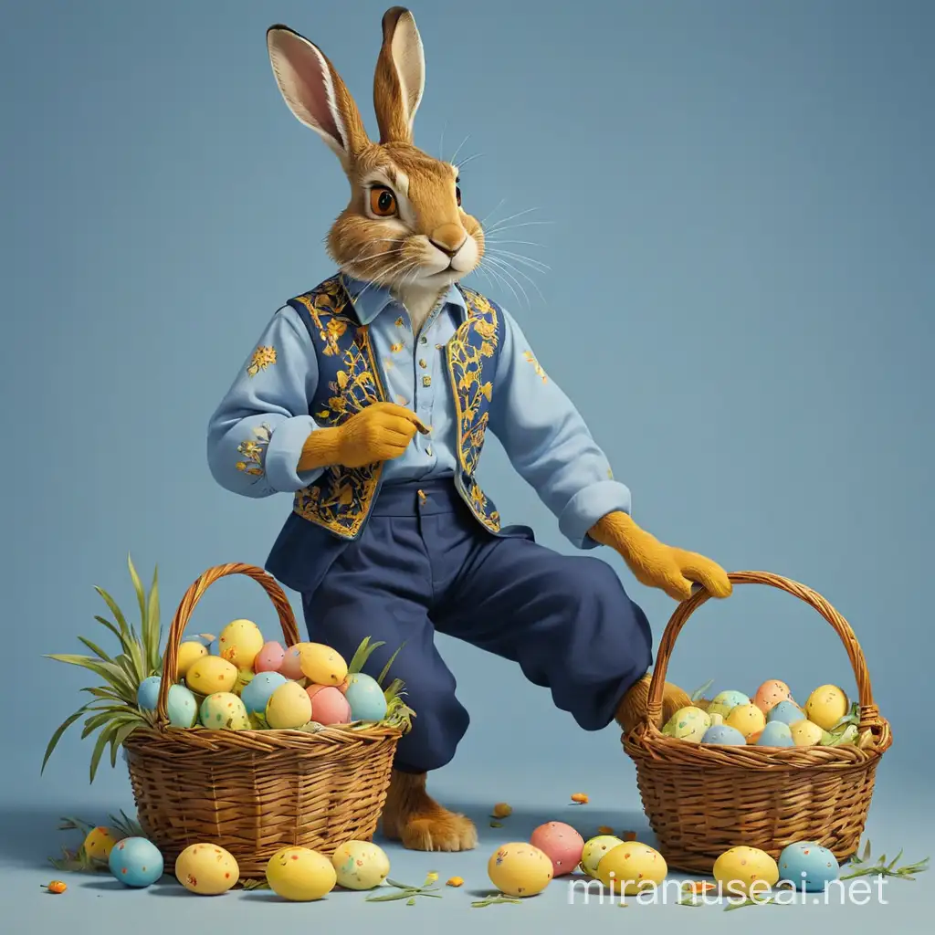иллюстрация, заяц, рубашка с вышивкой, козацкие штаны, корзина с пасхальными яйцами, синий, желтый