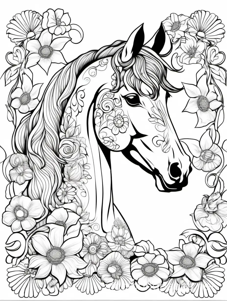horse in flowers for adults for women, Coloring Page, black and white, line art, white background, Simplicity, Ample White Space. The background of the coloring page is plain white to make it easy for young children to color within the lines. The outlines of all the subjects are easy to distinguish, making it simple for kids to color without too much difficulty