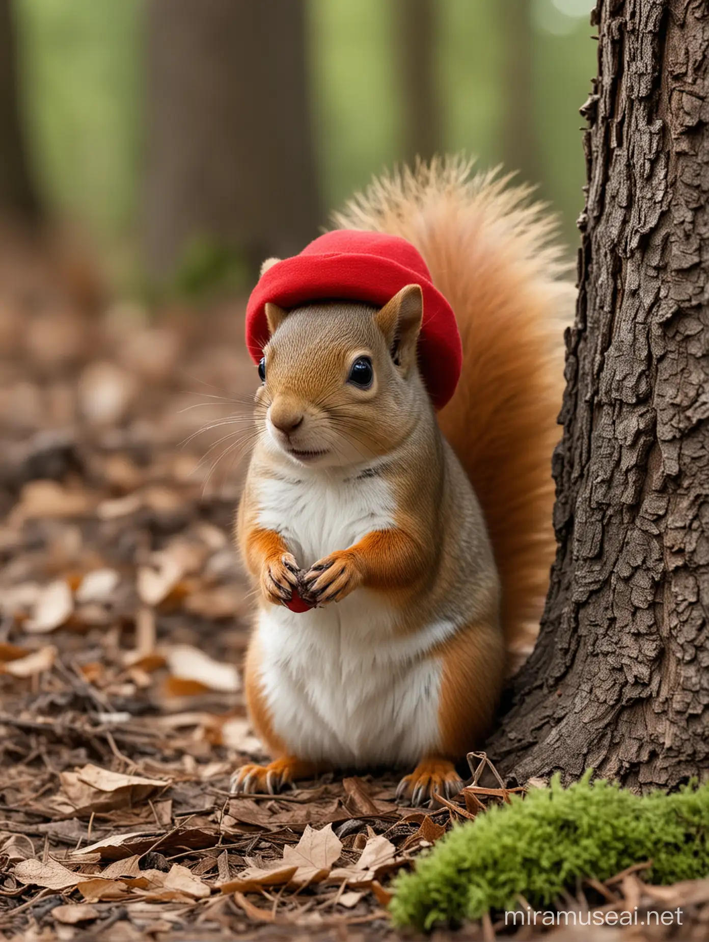 In the forest, there lives a  lovely little squirrel. It always wears a small red hat.