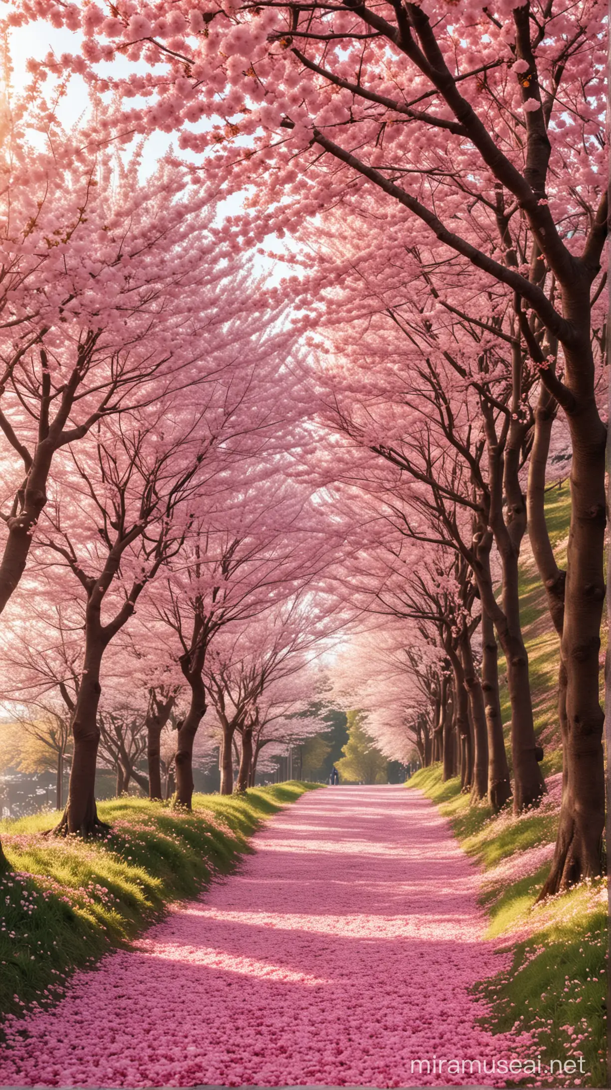 A breathtakingly beautiful real-life photograph of a small hill lined with fully bloomed cherry blossom trees, the scene is covered with cherry blossom petals, sunlight filtering through the petals creating a serene and magical atmosphere, masterpiece,best quality, highres, 8K photograph, Nikon