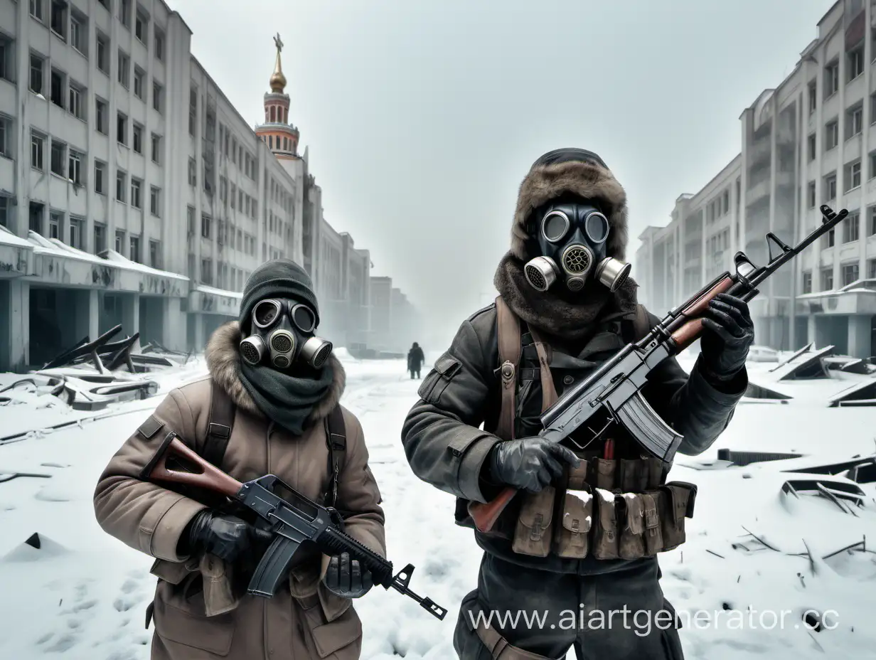 район вднх, ядерная зима в москве, 
монстры и мутанты, постапокалипсис, вид от первого лица, выживший с автоматом ак-47противогазе, в военном снаряжении 

