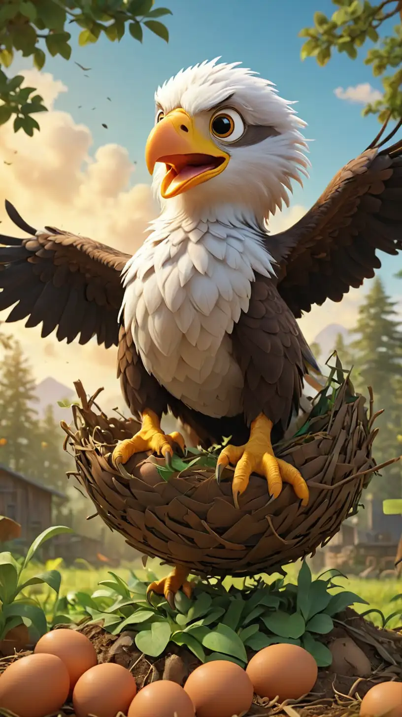 Create a 3D illustrator of an animated scene where an baby eagle is coming out from the egg in the farm with dense trees. Beautiful colourful and spirited background illustrations.