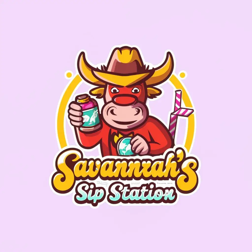 a logo design,with the text "Savannahs Sip Station", main symbol:Bull with a cowboy hat smiling, Neon Colors, holding a soda can and a coffee cup,Moderate,be used in Restaurant industry,clear background